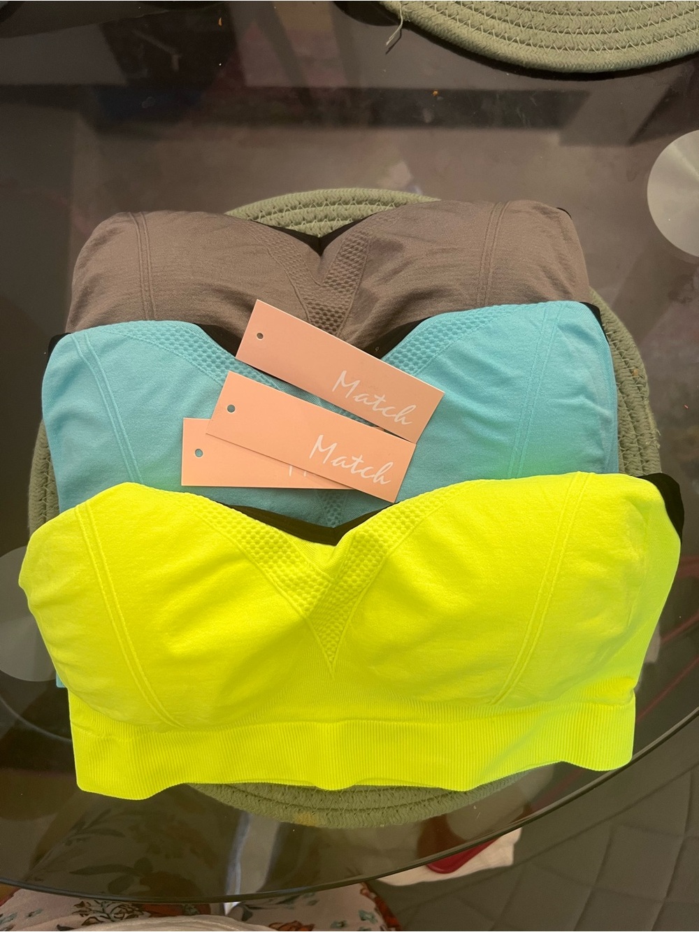 Match Trio Bralettes in Neon Yellow, Aqua, Taupe